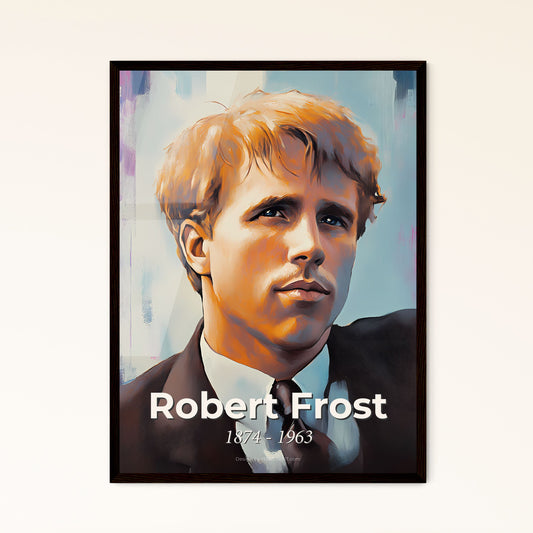 Portrait of Robert Frost, 1874 - 1963. Impressionistic painting of a man in a suit and tie.