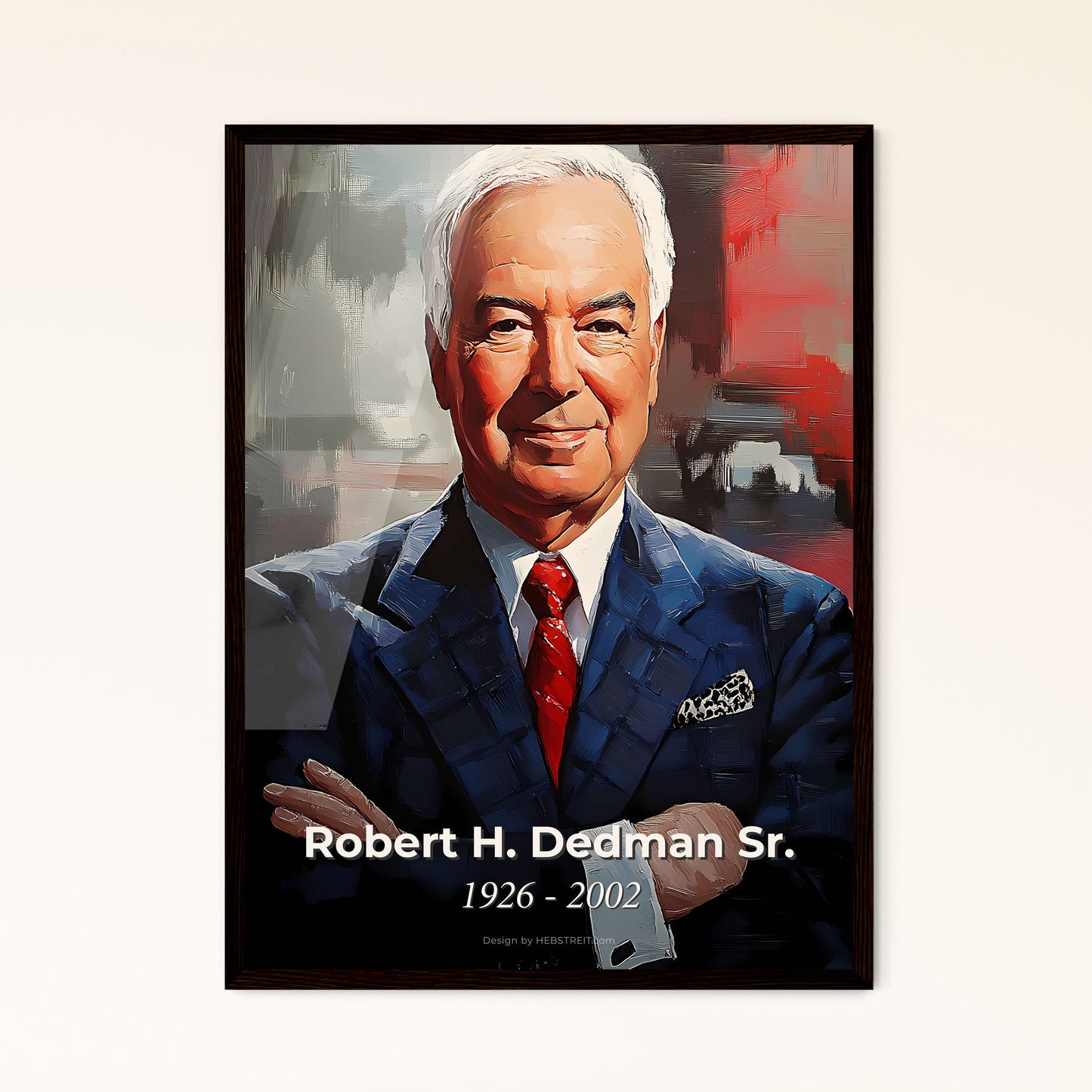 Portrait of Robert H. Dedman Sr., 1926 - 2002. Impressionistic painting of a man in a suit and tie.