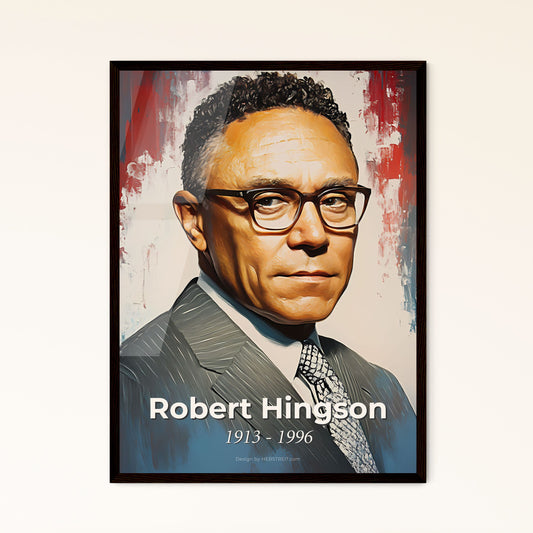 Portrait of Robert Hingson, 1913 - 1996. Impressionistic painting of a man in a suit and tie.