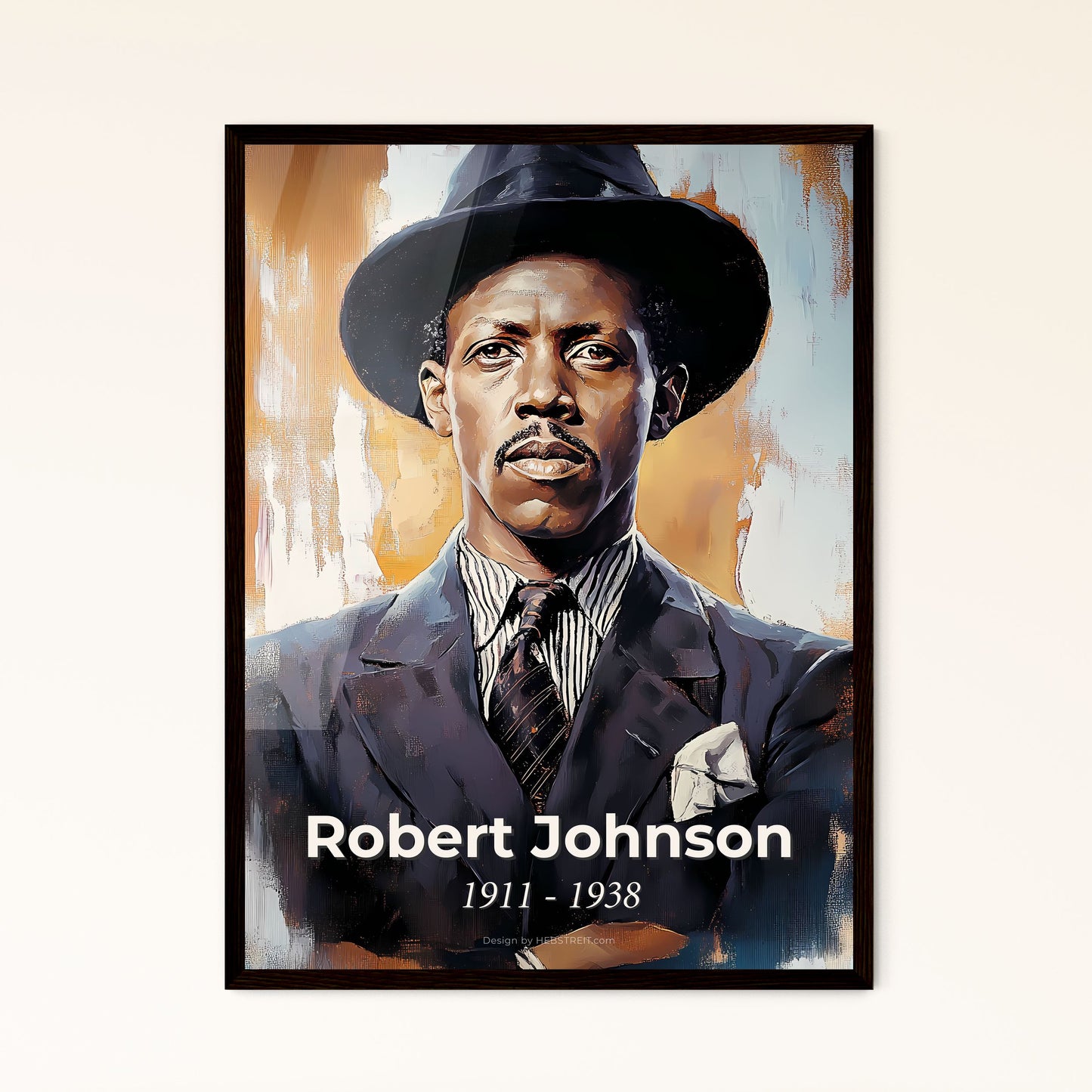 Portrait of Robert Johnson, 1911 - 1938. Impressionistic painting of a man in a suit and hat.