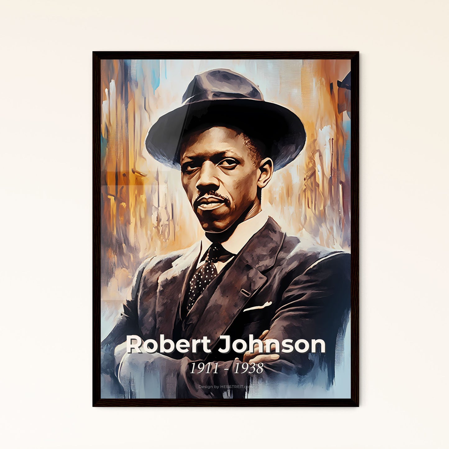 Portrait of Robert Johnson, 1911 - 1938. Impressionistic painting of a man in a suit and hat.