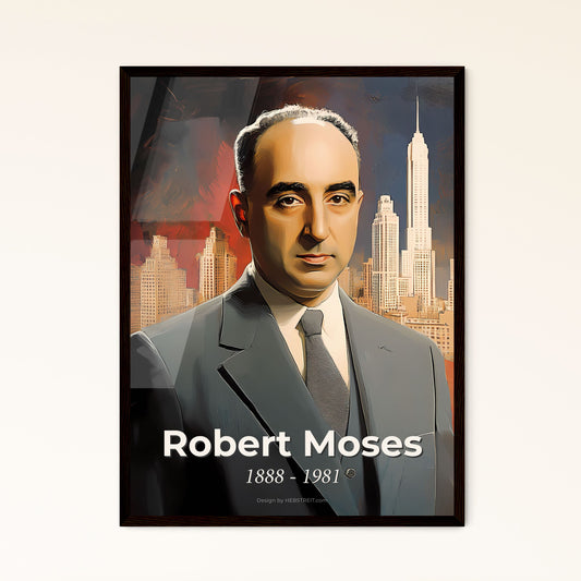 Portrait of Robert Moses, 1888 - 1981. Impressionistic painting of a man in a suit and tie.