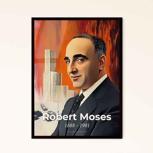 Portrait of Robert Moses, 1888 - 1981. Impressionistic painting of a man in a suit.