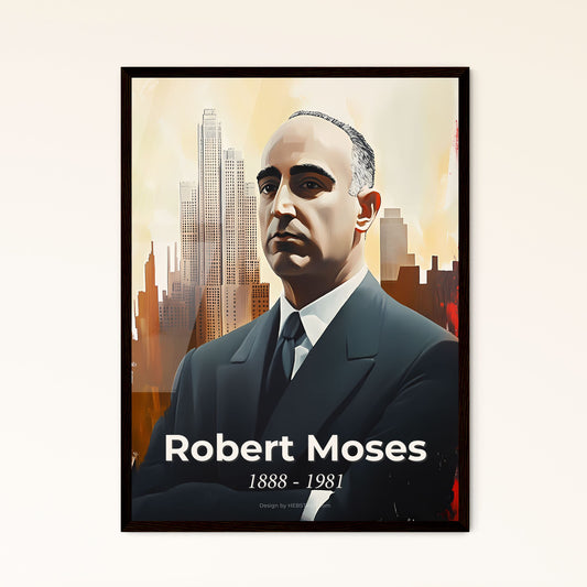 Portrait of Robert Moses, 1888 - 1981. Impressionistic painting of a man in a suit and tie.