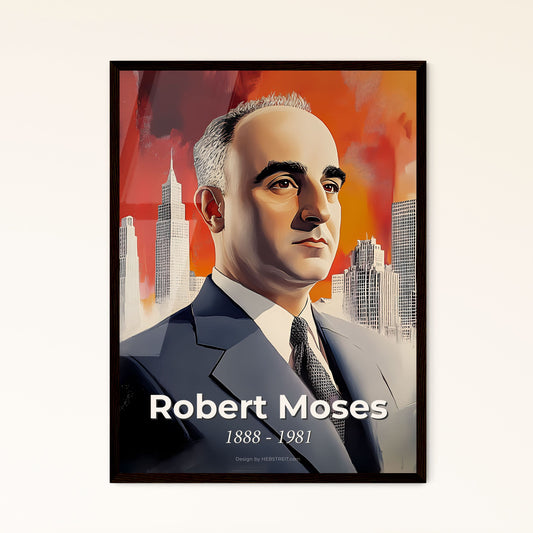 Portrait of Robert Moses, 1888 - 1981. Impressionistic painting of a man in a suit and tie.