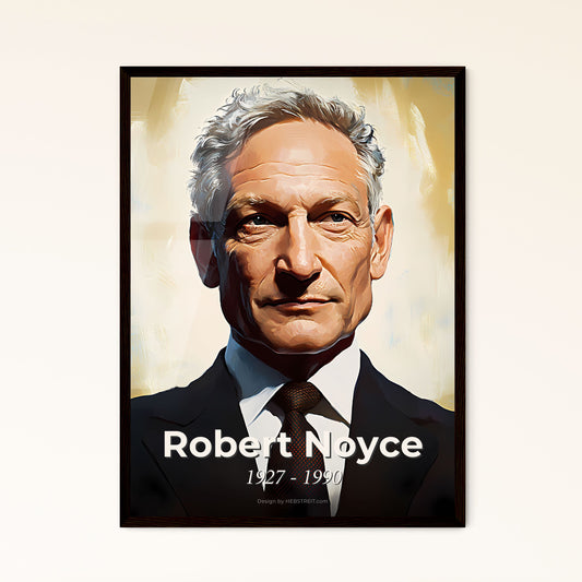 Portrait of Robert Noyce, 1927 - 1990. Impressionistic painting of a man in a suit and tie.