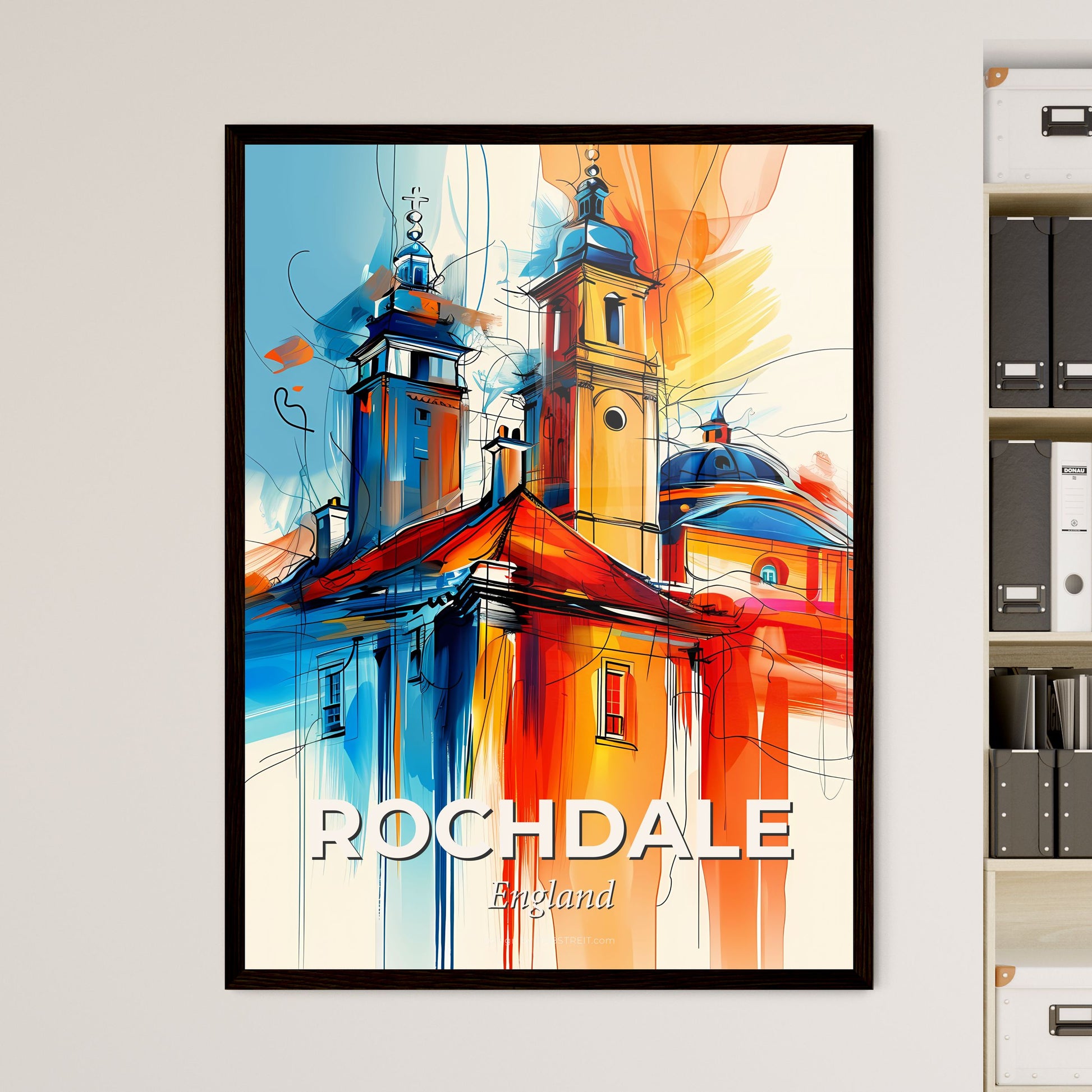 Vibrant Rochdale, England - A Painting Of A Building With Towers And A Blue And Orange Sky