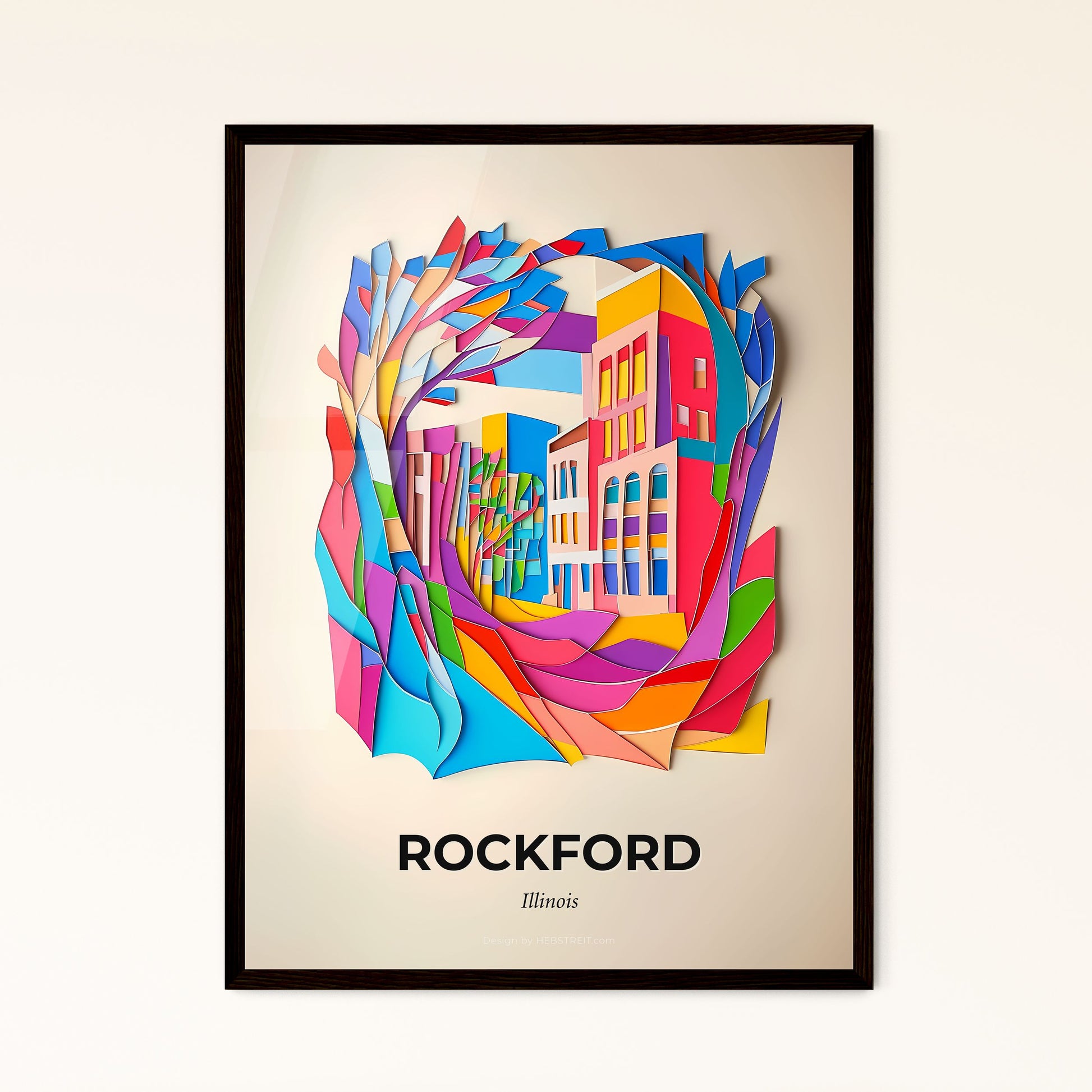 Vivid Rockford, Illinois - a colorful paper cut of a city with a tree