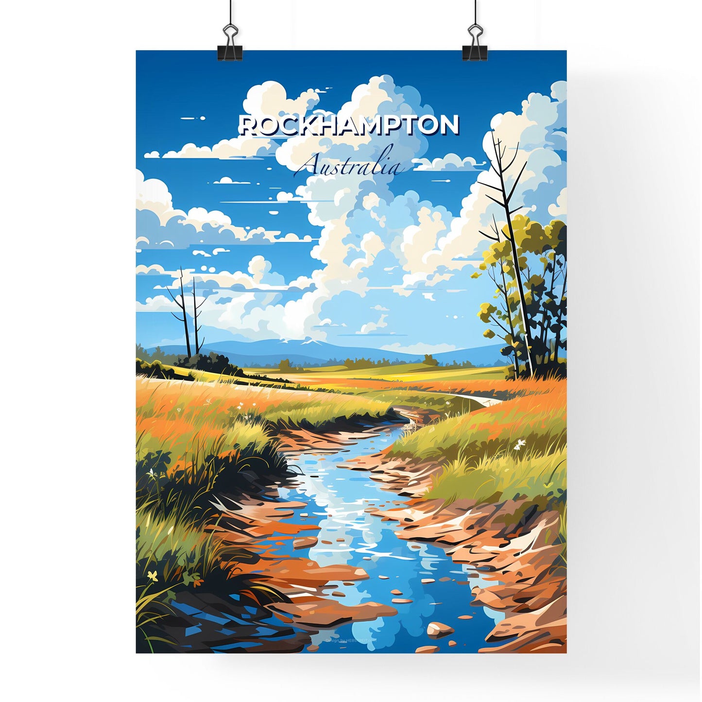 Rockhampton Australia Skyline Artistic Painting: Vibrant Field with Stream Default Title