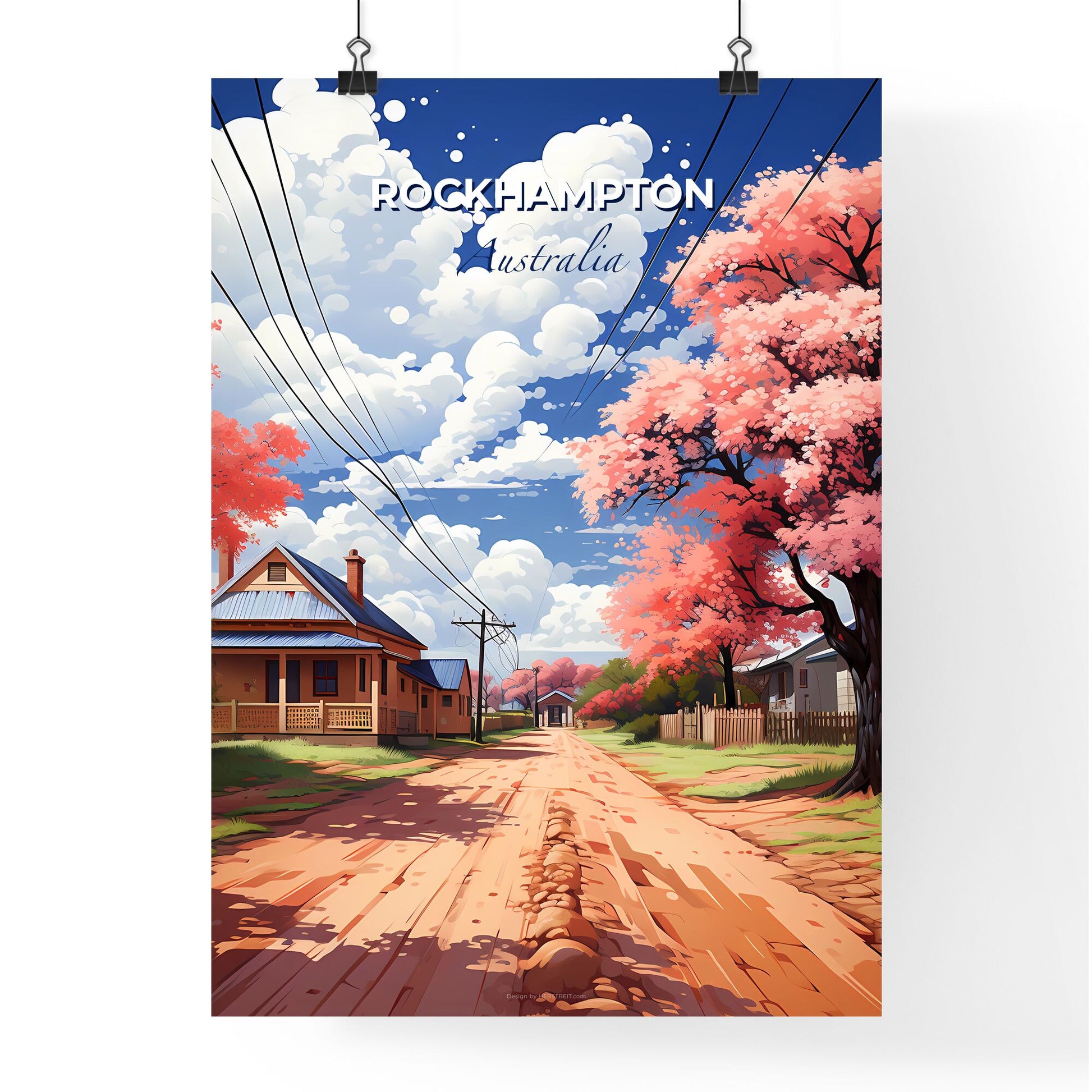 Vibrant Painting of Rockhampton Australia Skyline: Pink Trees and Houses Highlight Road in Artistic Depiction Default Title