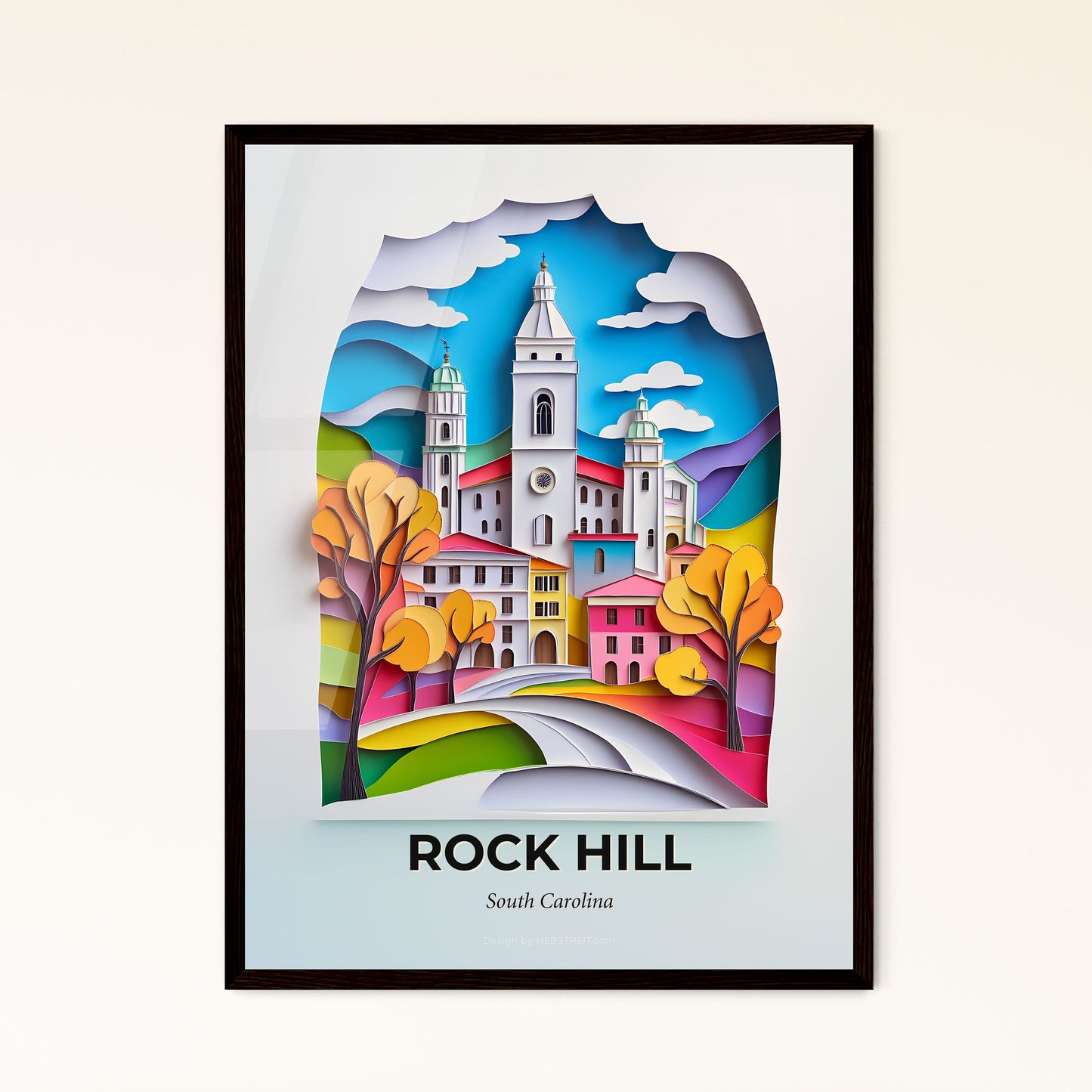 Vivid Rock Hill, South Carolina - a paper cut of a church and a road