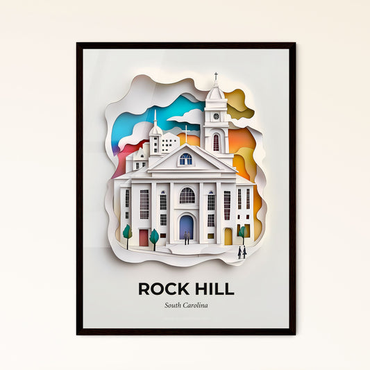 Vivid Rock Hill, South Carolina - a paper cut of a church with a clock tower