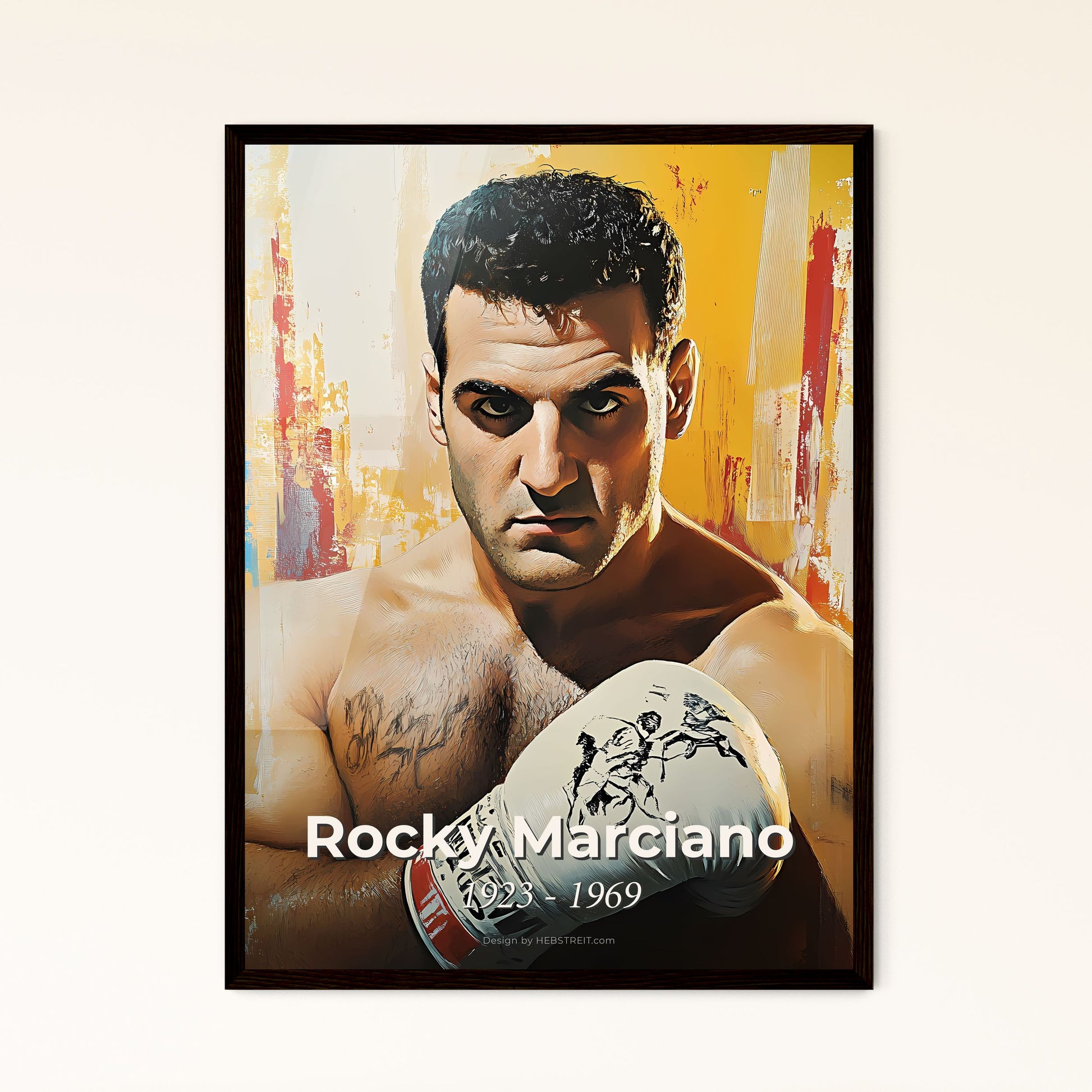 Portrait of Rocky Marciano, 1923 - 1969. Impressionistic painting of a man with boxing gloves.