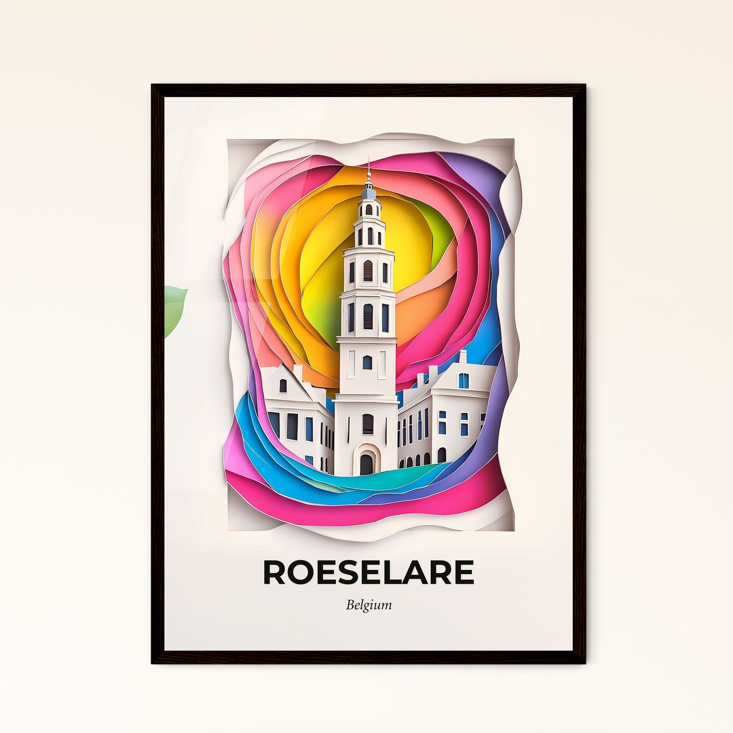 Vivid Roeselare , Belgium - a paper cut of a church with a clock tower