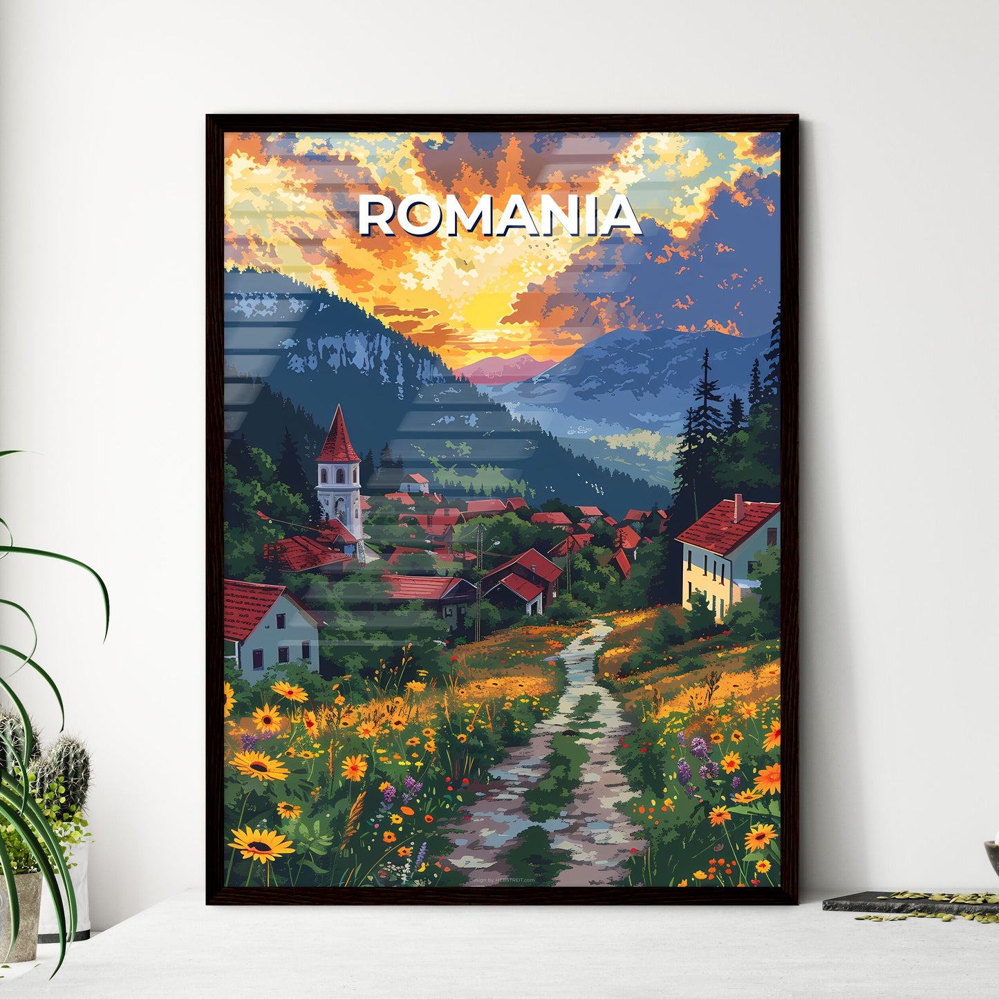 Framed Acrylic Painting of Vibrant Romanian Village Scene with Colorful Flowers and Majestic Mountains