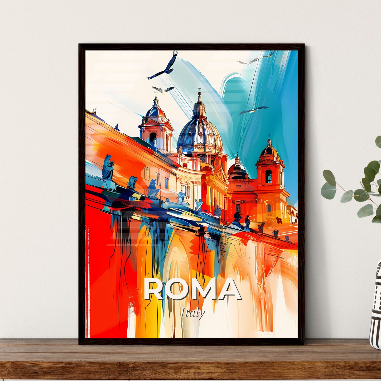 Vibrant Roma, Italy - A Painting Of A Building With A Dome And Birds Flying