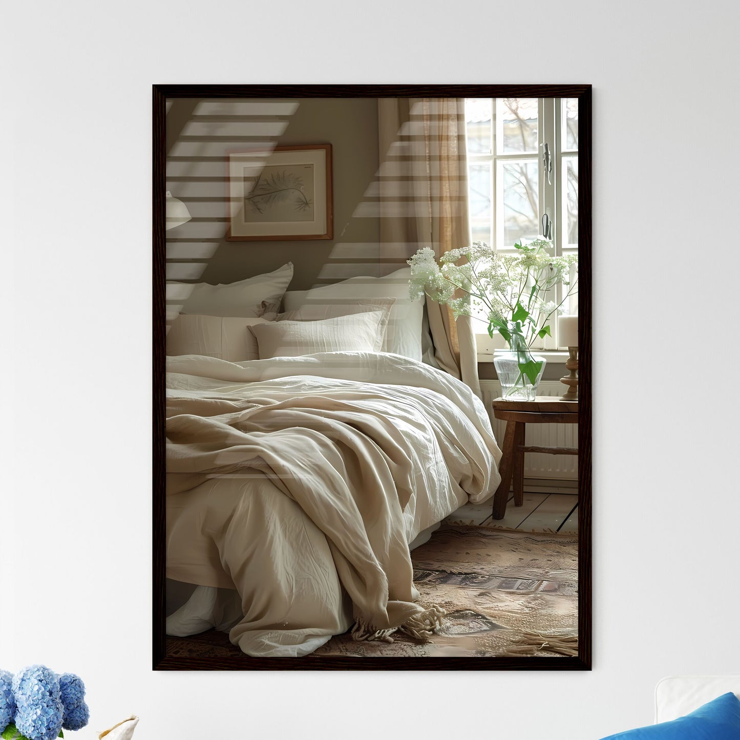 Minimalist Bedroom Decor with Vibrant Painti - Framed Art Print