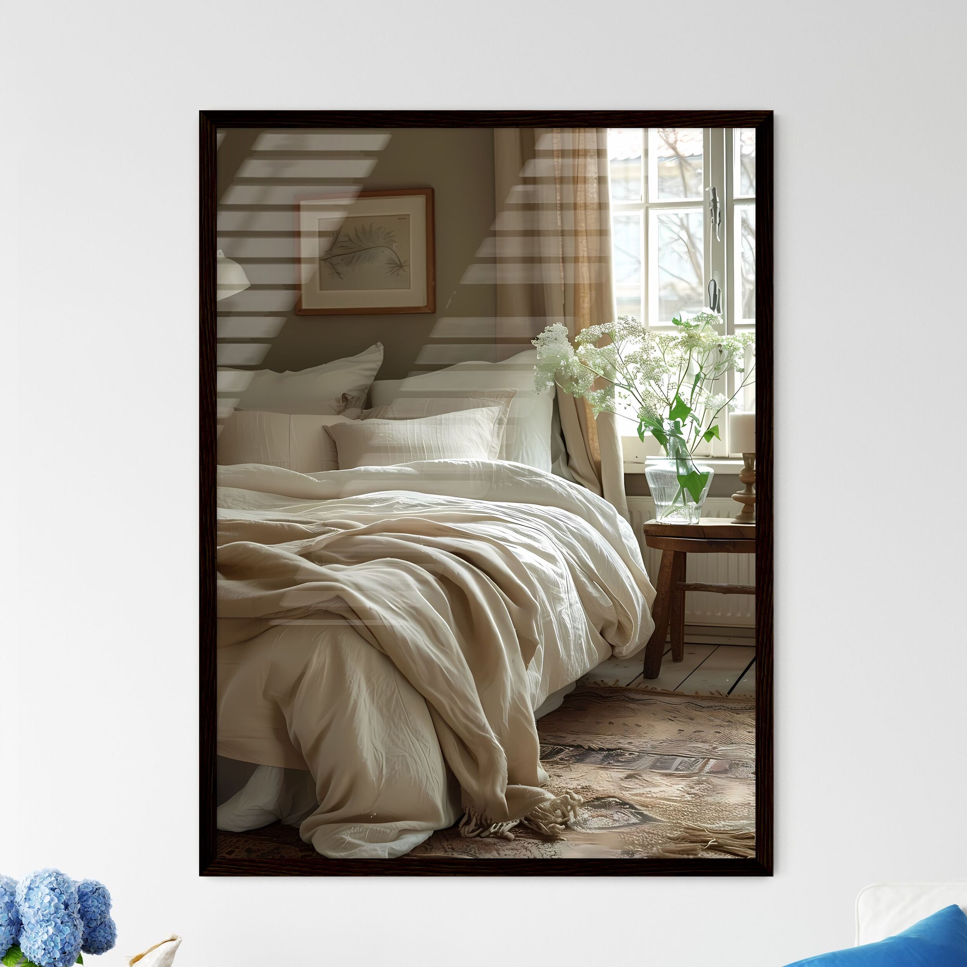 Minimalist Bedroom Decor with Vibrant Painti - Framed Art Print