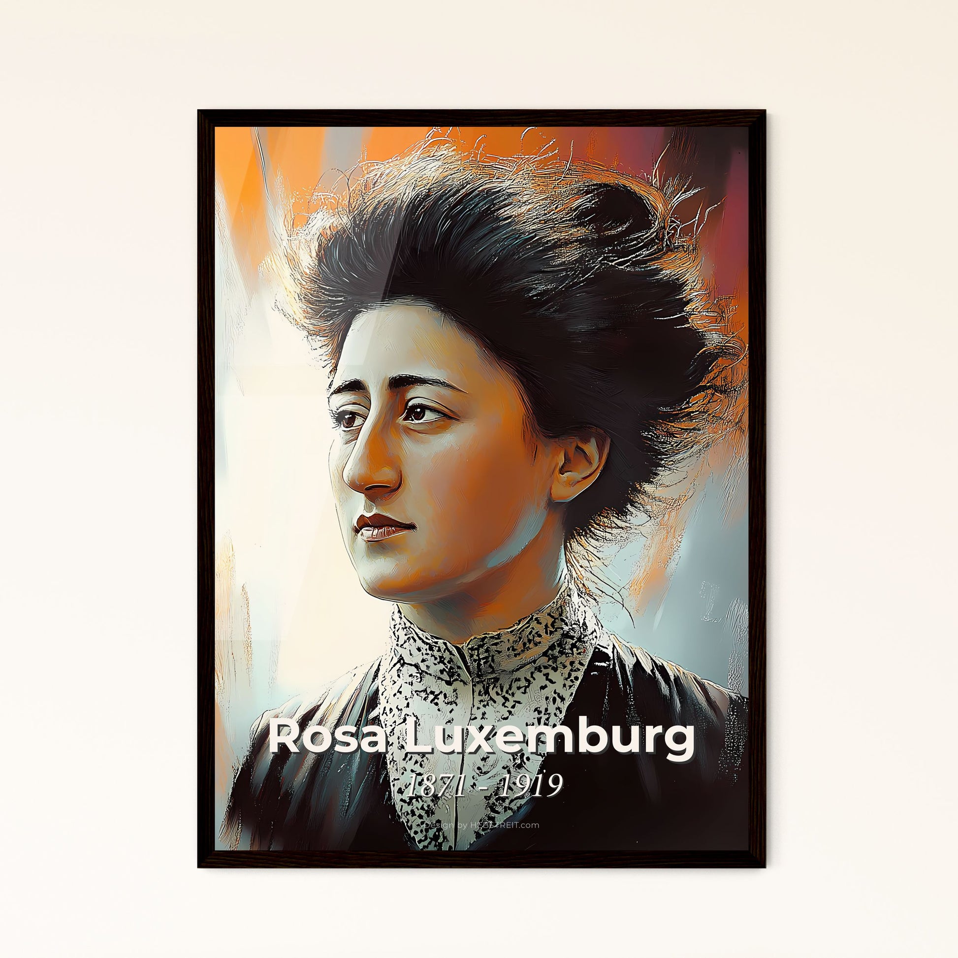 Portrait of Rosa Luxemburg, 1871 - 1919. Impressionistic painting of a woman with a high haircut.