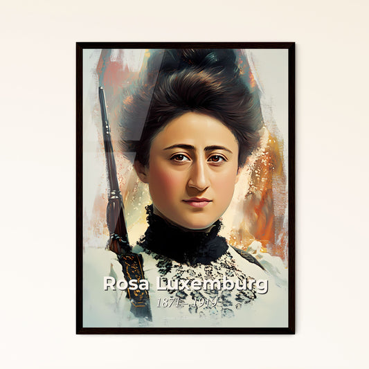 Portrait of Rosa Luxemburg, 1871 - 1919. Impressionistic painting of a woman with a gun.