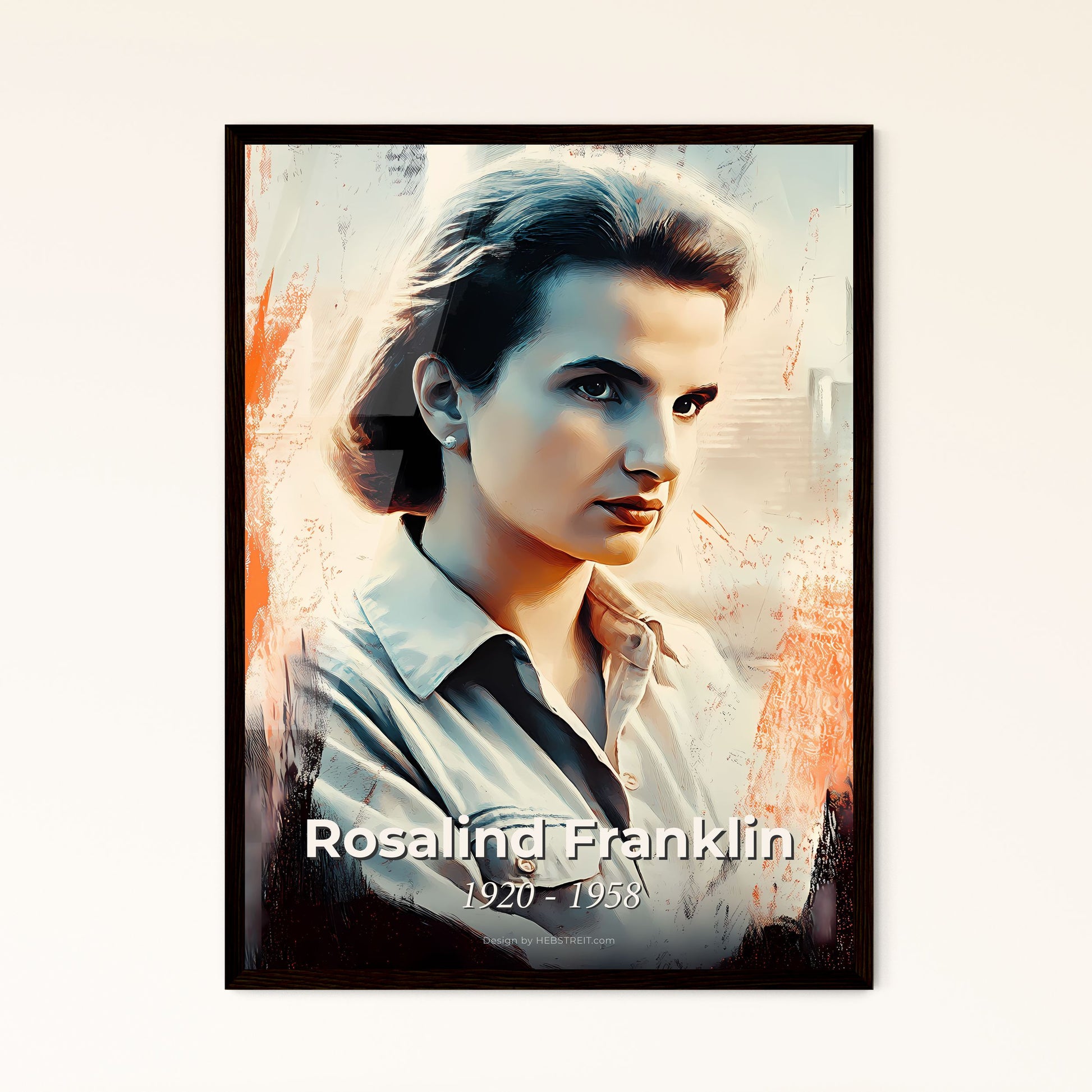 Portrait of Rosalind Franklin, 1920 - 1958. Impressionistic painting of a woman looking at the camera.