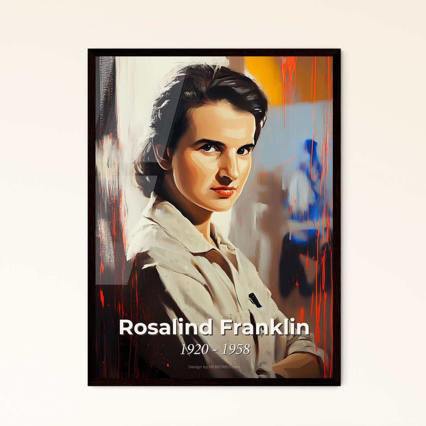 Portrait of Rosalind Franklin, 1920 - 1958. Impressionistic painting of a woman with her arms crossed.