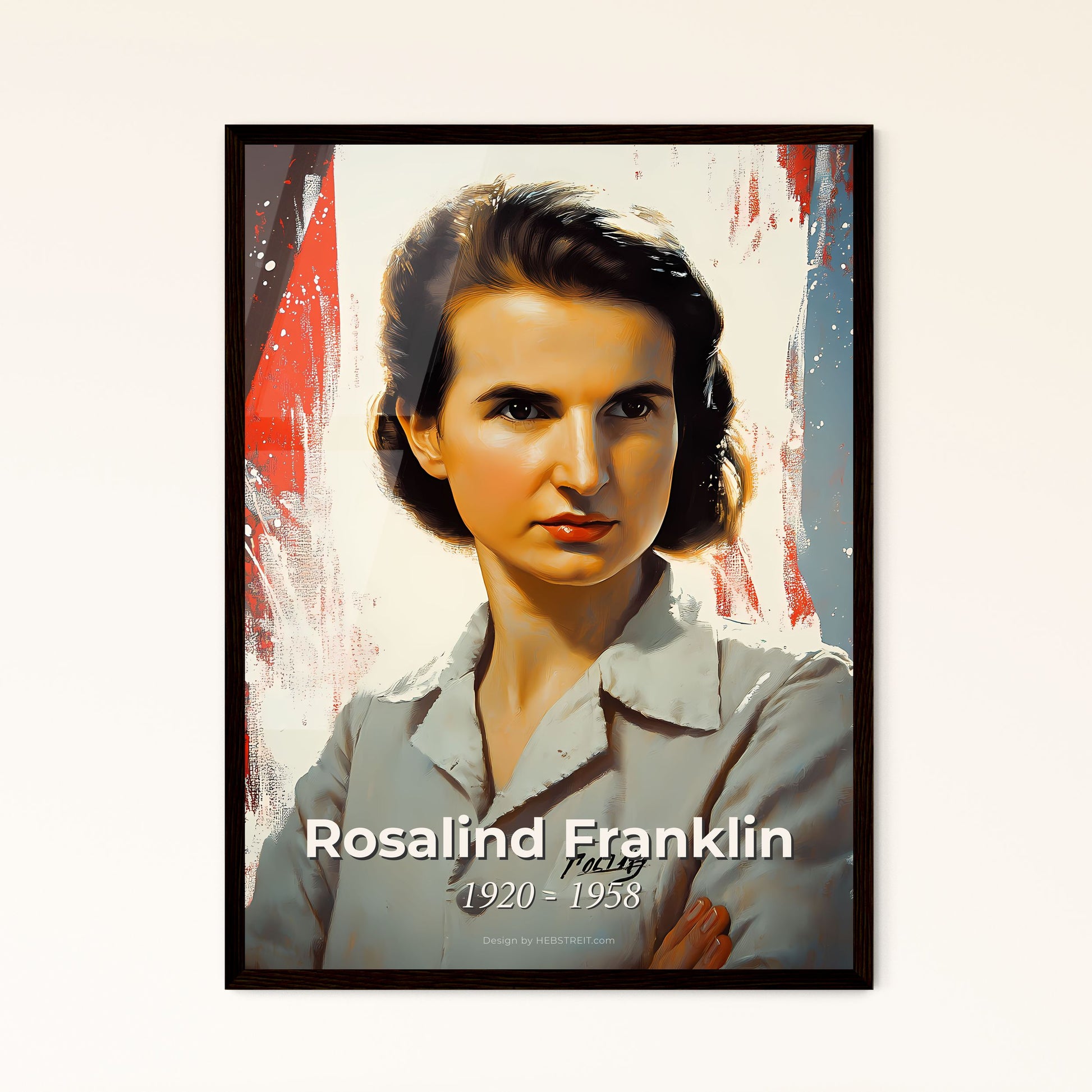 Portrait of Rosalind Franklin, 1920 - 1958. Impressionistic painting of a woman in a uniform.