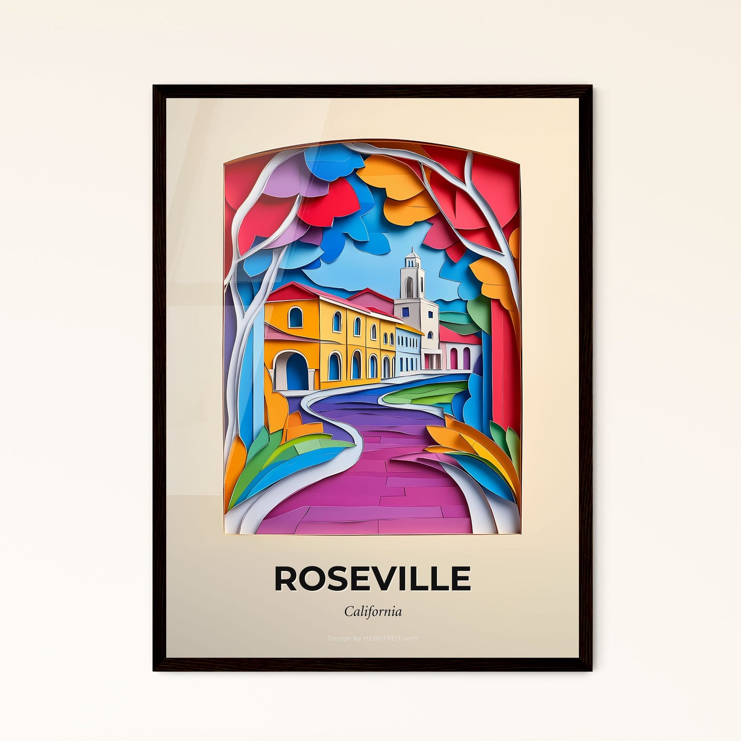 Vivid Roseville, California - a colorful paper cut of a city with a clock tower