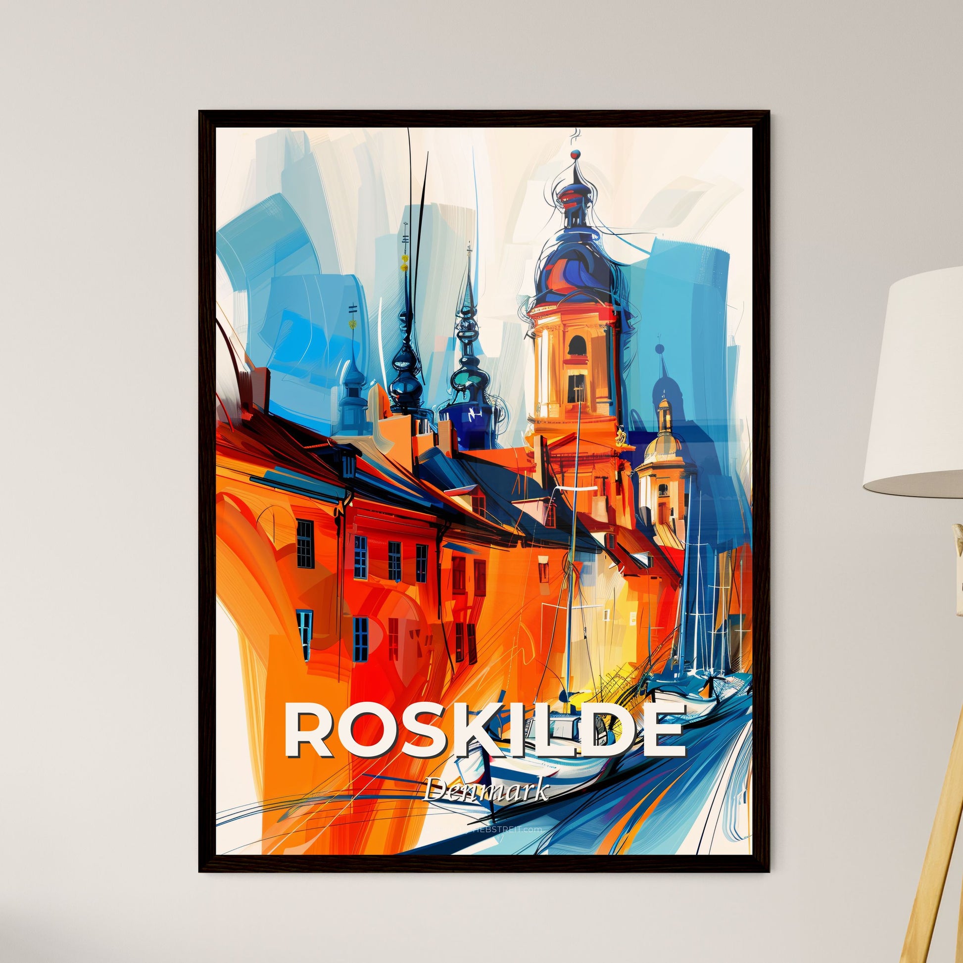 Vibrant Roskilde, Denmark - A Painting Of A City With Boats