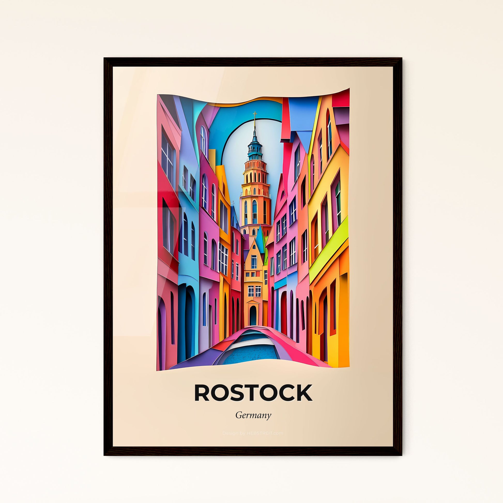 Vivid Rostock, Germany - a colorful city street with a clock tower