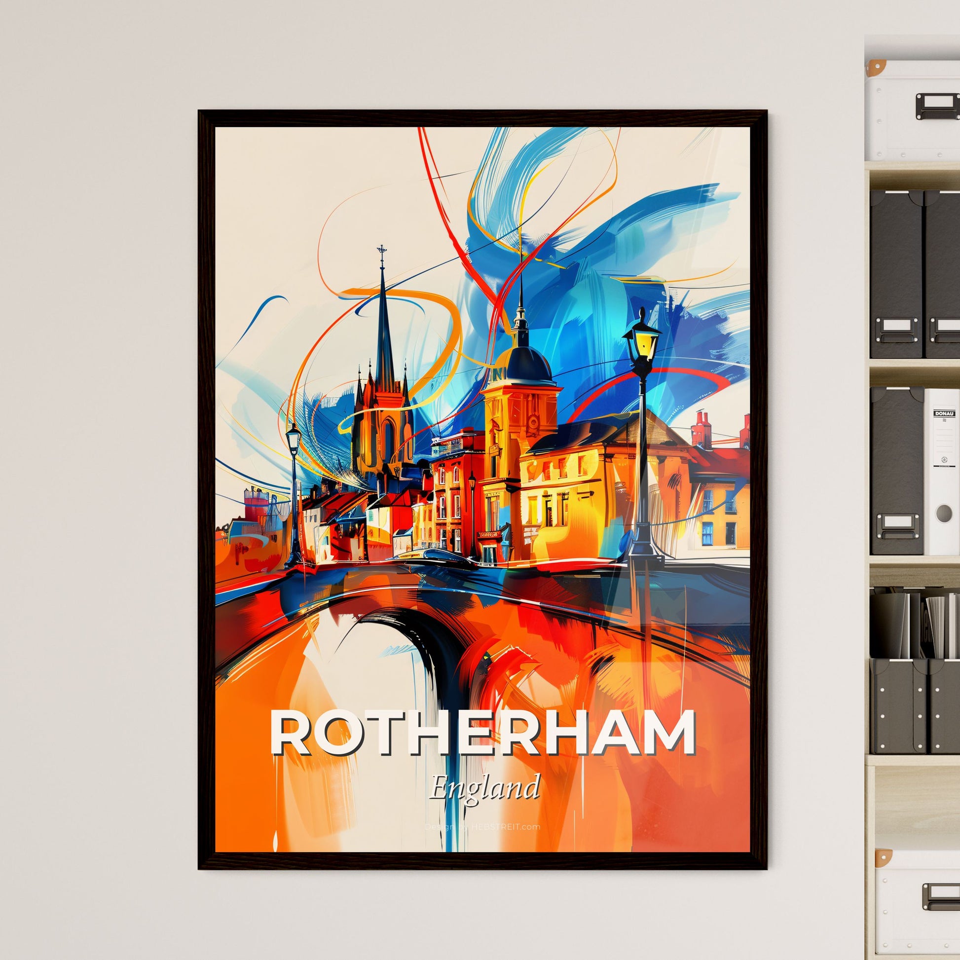 Vibrant Rotherham, England - A Painting Of A Bridge And A City