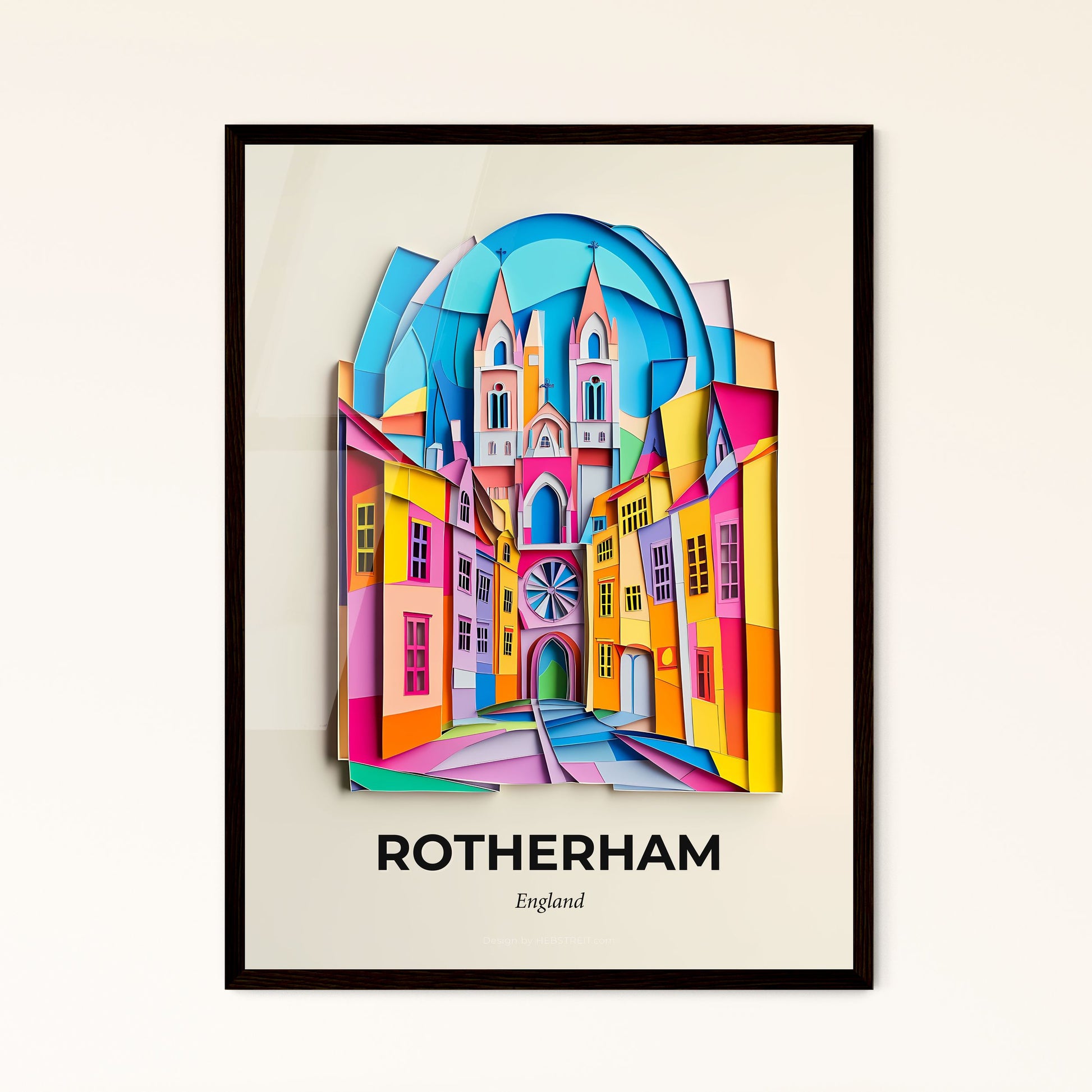 Vivid Rotherham, England - a colorful city scene with a clock on the wall