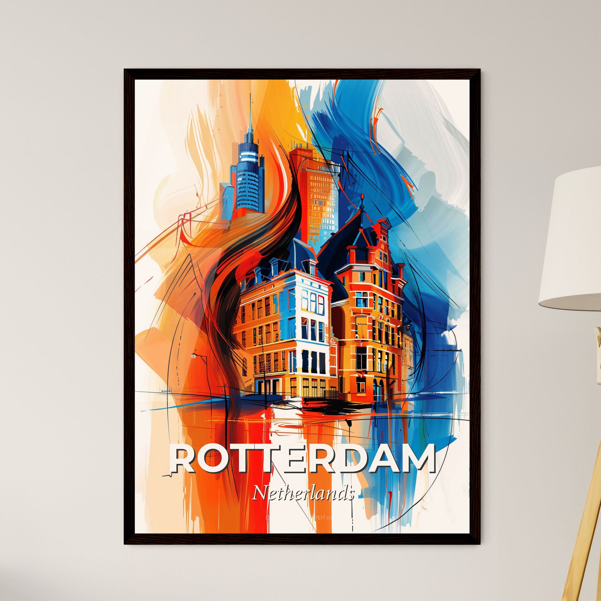 Vibrant Rotterdam, Netherlands - A Painting Of Buildings And A Fire