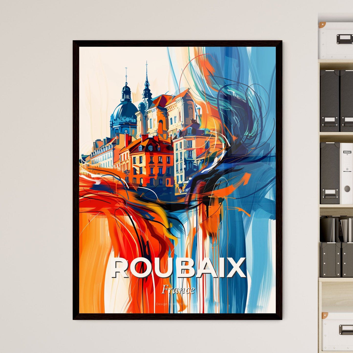 Vibrant Roubaix, France - A Painting Of Buildings And A Blue And Orange Background