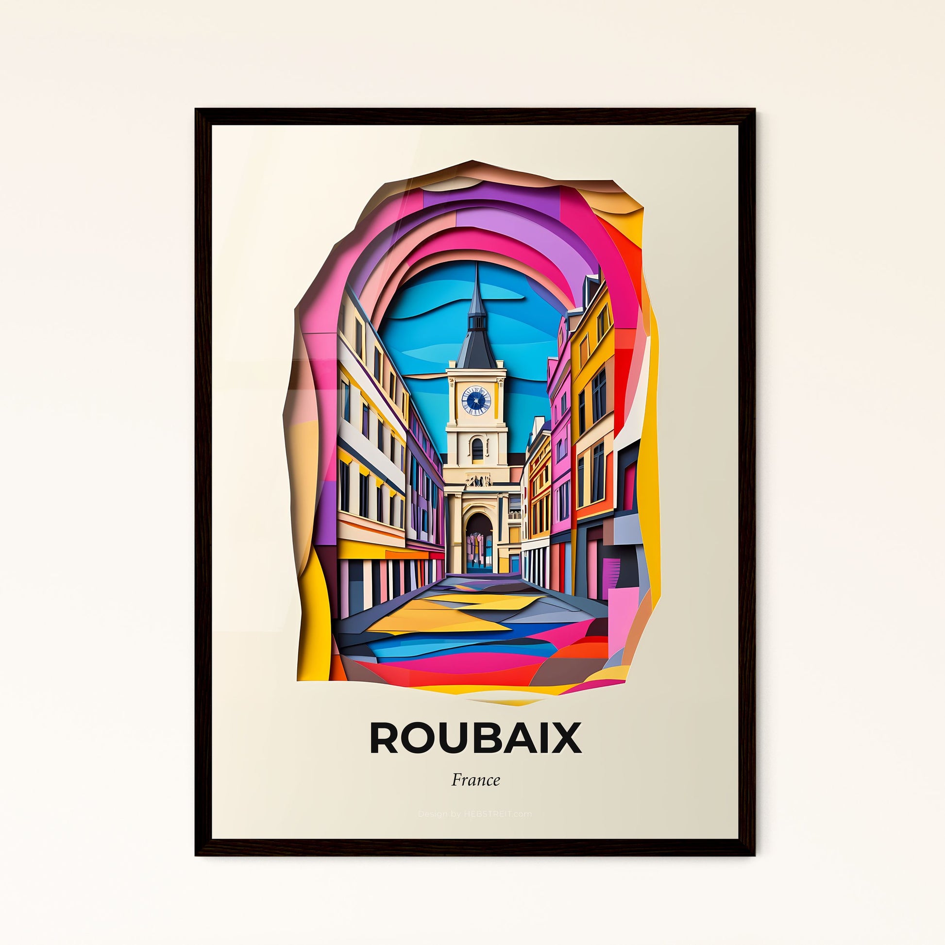 Vivid Roubaix, France - a painting of a church tower in a city