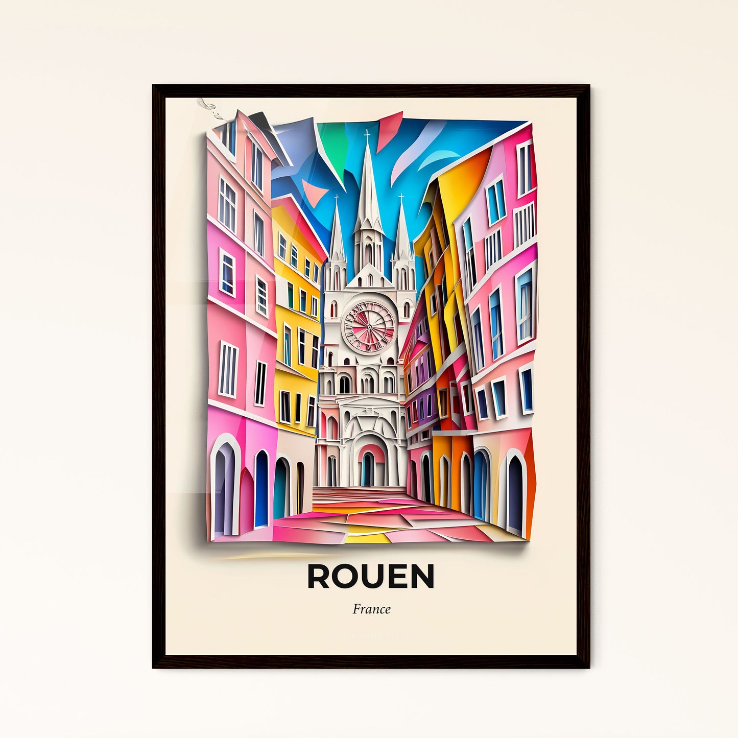 Vivid Rouen, France - a painting of a clock tower in a city