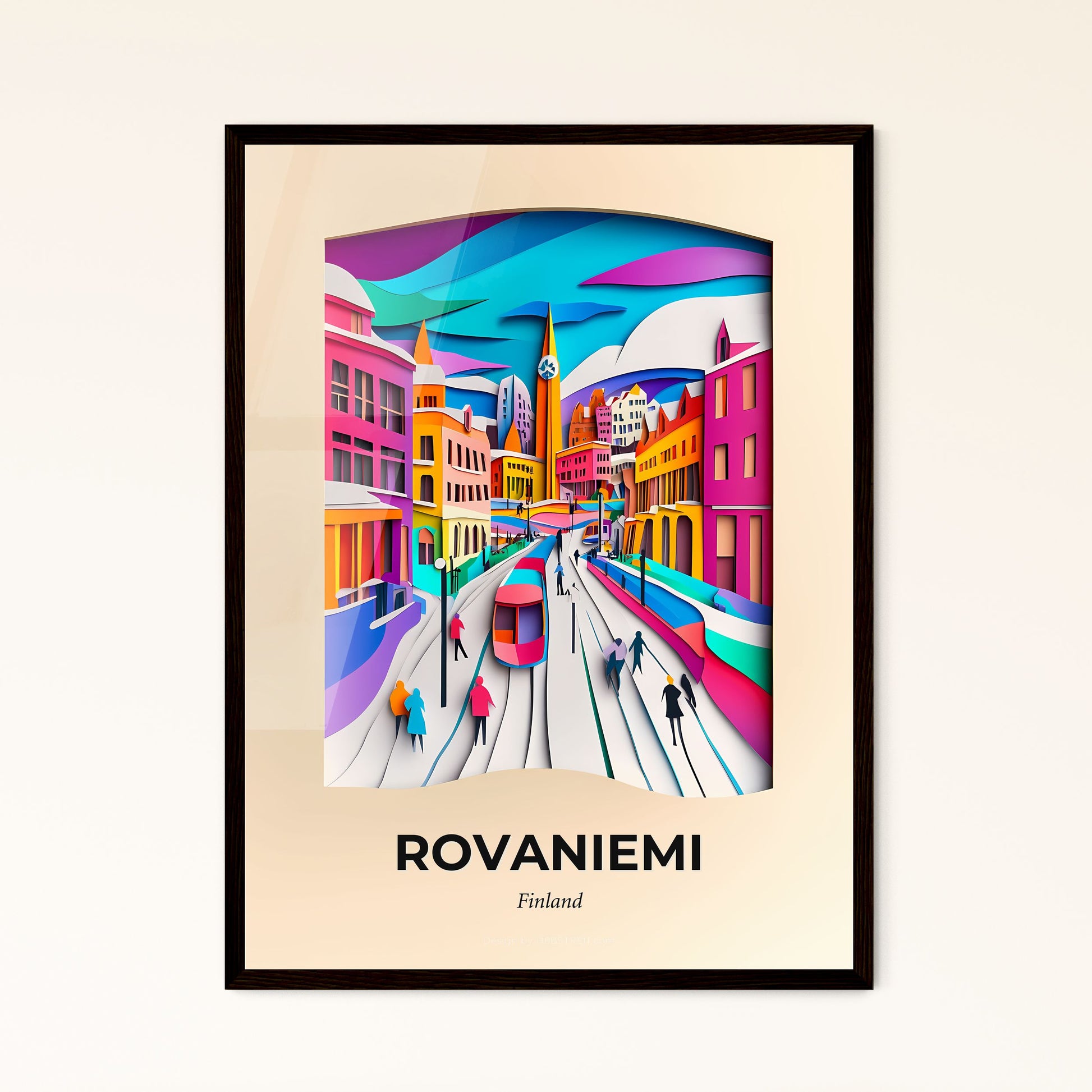 Vivid Rovaniemi, Finland - a colorful city scene with people walking on a street