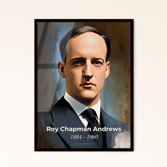 Portrait of Roy Chapman Andrews, 1884 - 1960. Impressionistic painting of a man in a suit.