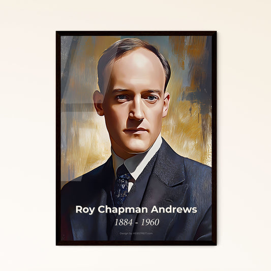 Portrait of Roy Chapman Andrews, 1884 - 1960. Impressionistic painting of a man in a suit.