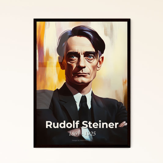 Portrait of Rudolf Steiner, 1861 - 1925. Impressionistic painting of a man in a suit with his arms crossed.