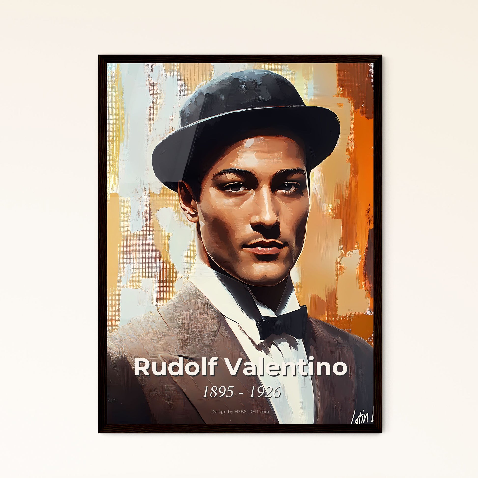 Portrait of Rudolf Valentino, 1895 - 1926. Impressionistic painting of a man wearing a hat and suit.