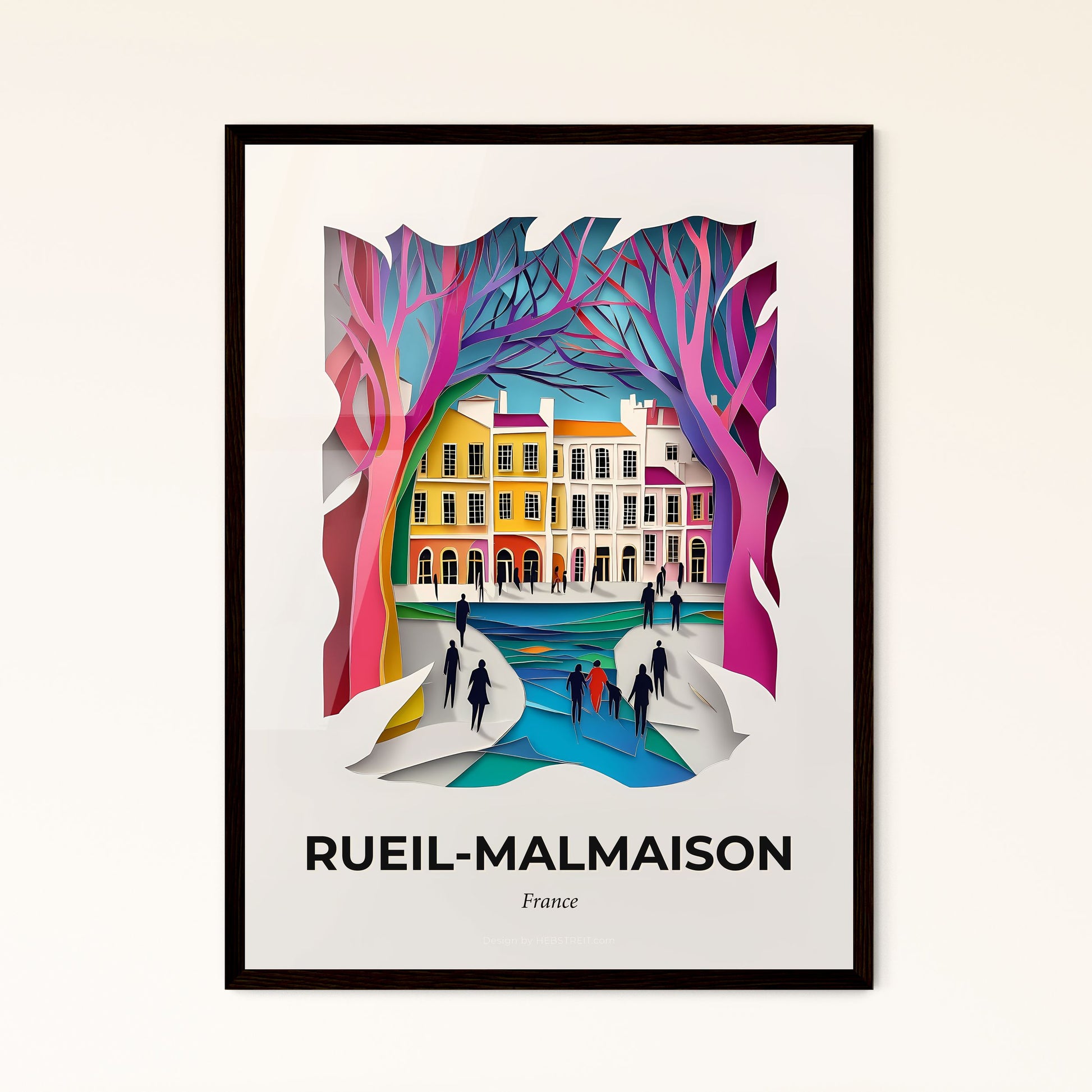 Vivid Rueil-Malmaison, France - a paper cut of a city with people walking in the snow