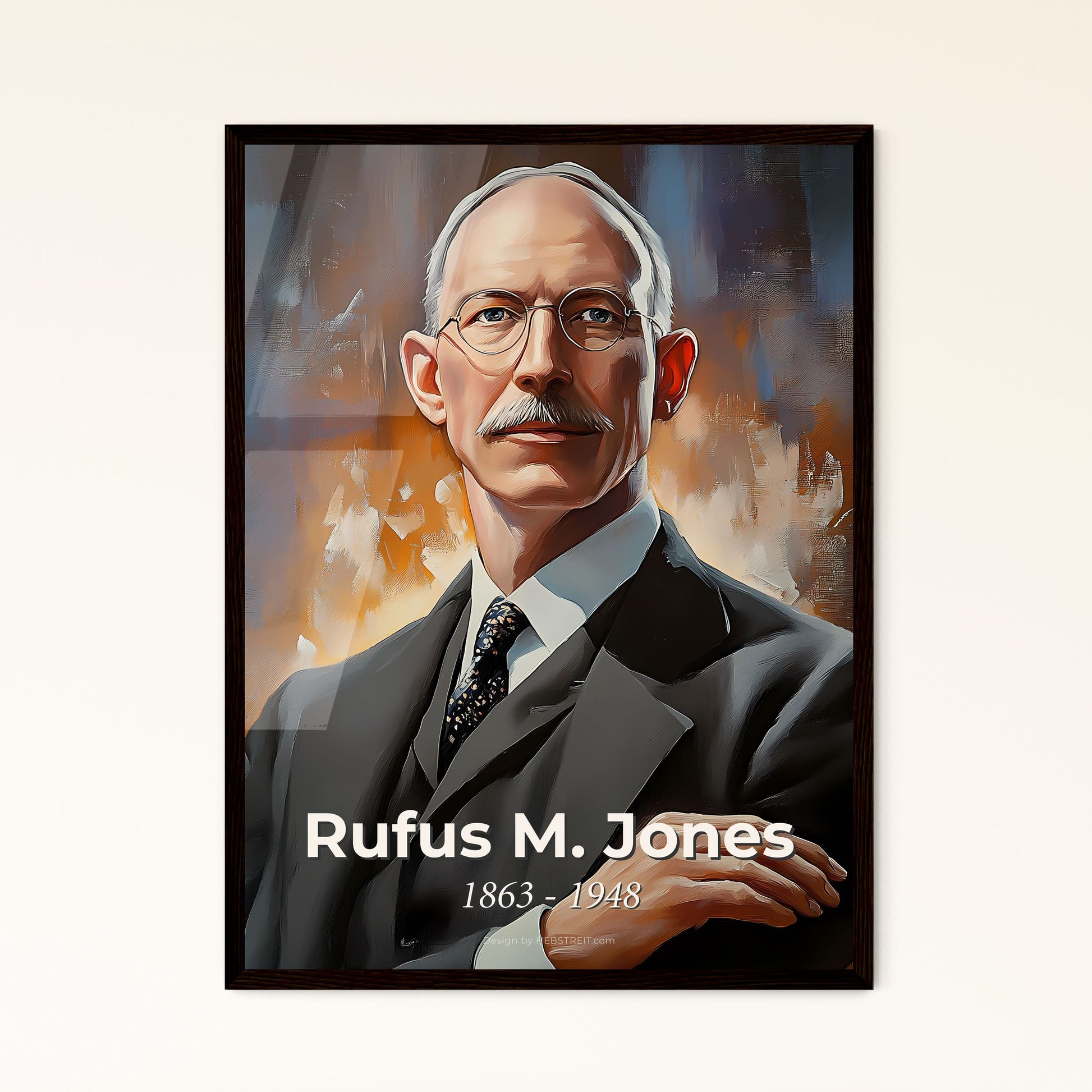 Portrait of Rufus M. Jones, 1863 - 1948. Impressionistic painting of a man in a suit and tie.