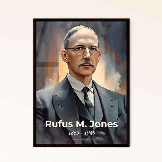 Portrait of Rufus M. Jones, 1863 - 1948. Impressionistic painting of a man in a suit and tie.