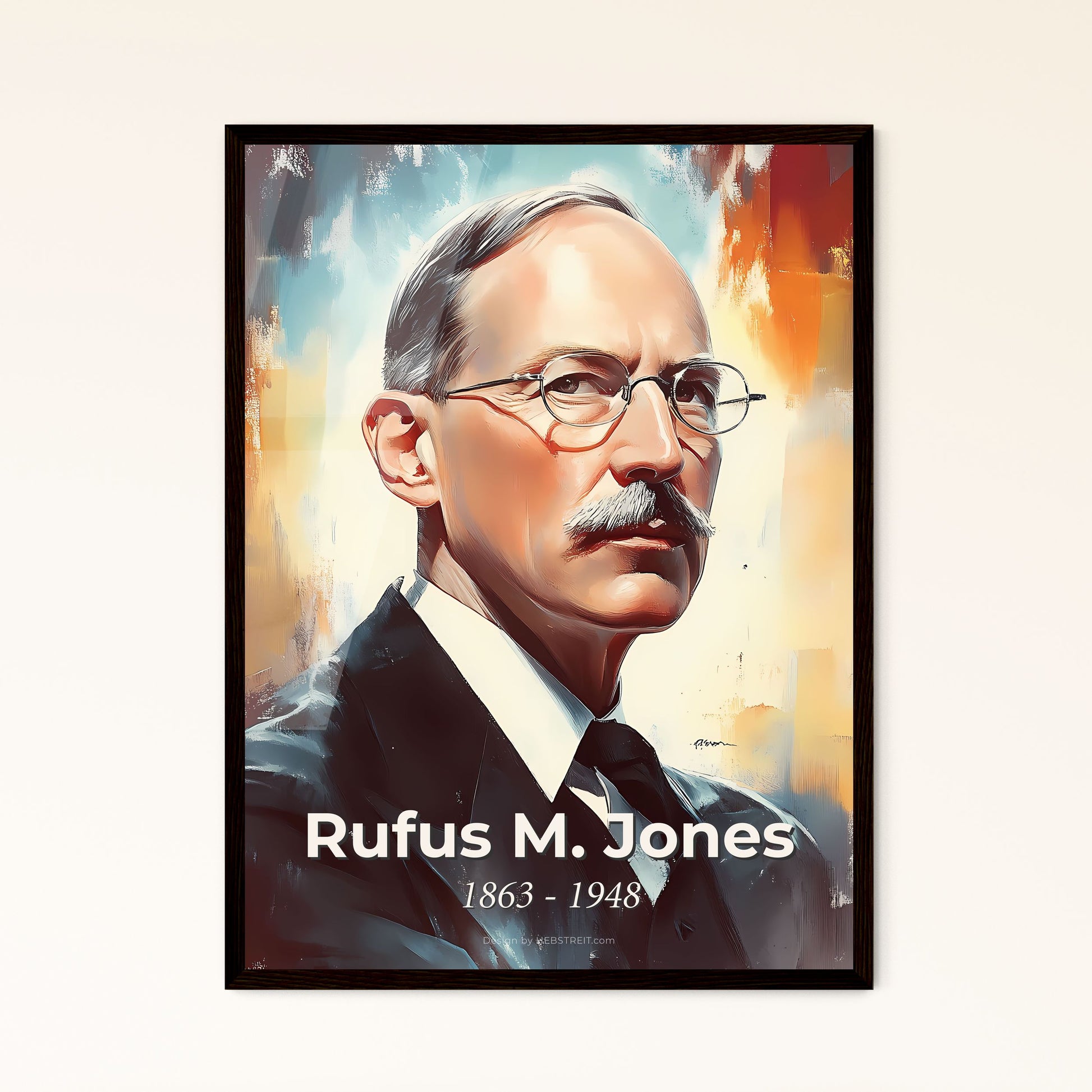 Portrait of Rufus M. Jones, 1863 - 1948. Impressionistic painting of a man wearing glasses and a suit.