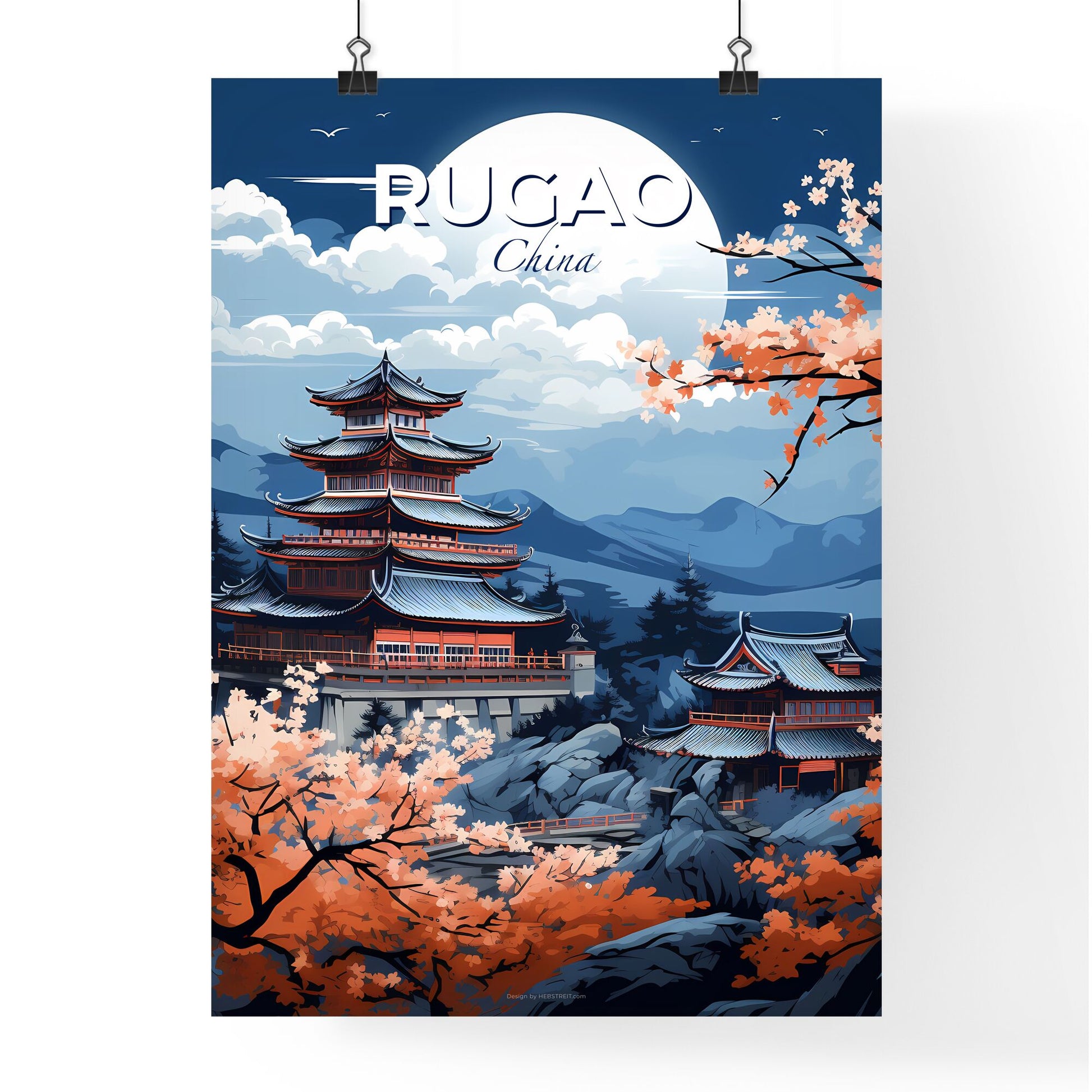 Rugao China Skyline Art Painting - Pagoda Mountains Moon Landscape Illustration Default Title