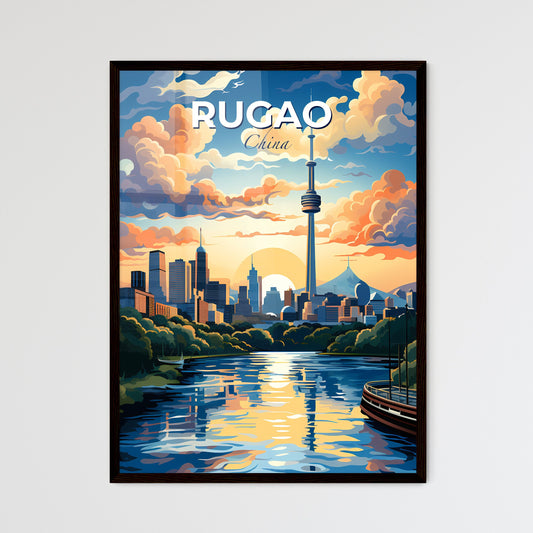 Vibrant City Skyline Painting of Rugao China With Water and Boat Default Title