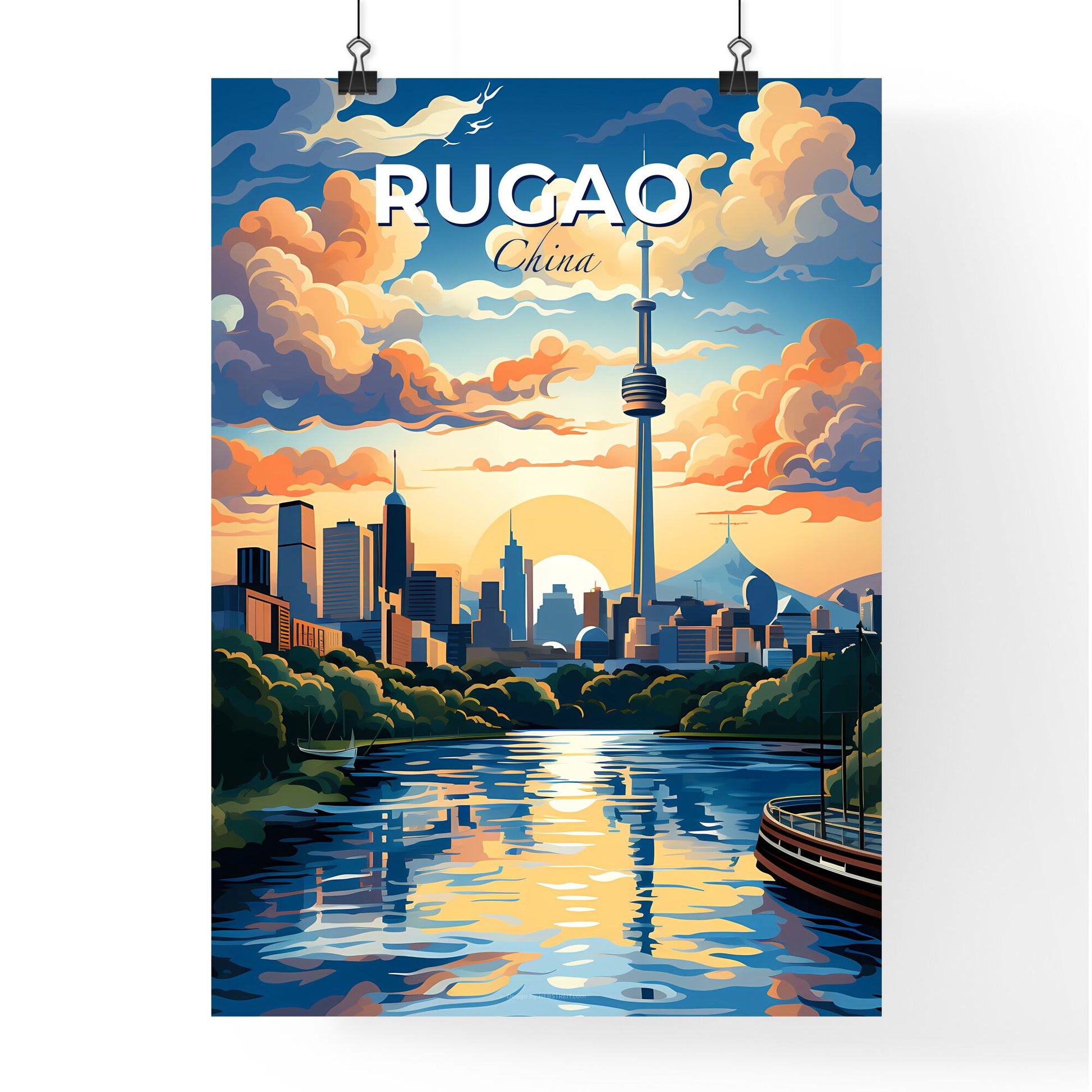 Vibrant City Skyline Painting of Rugao China With Water and Boat Default Title