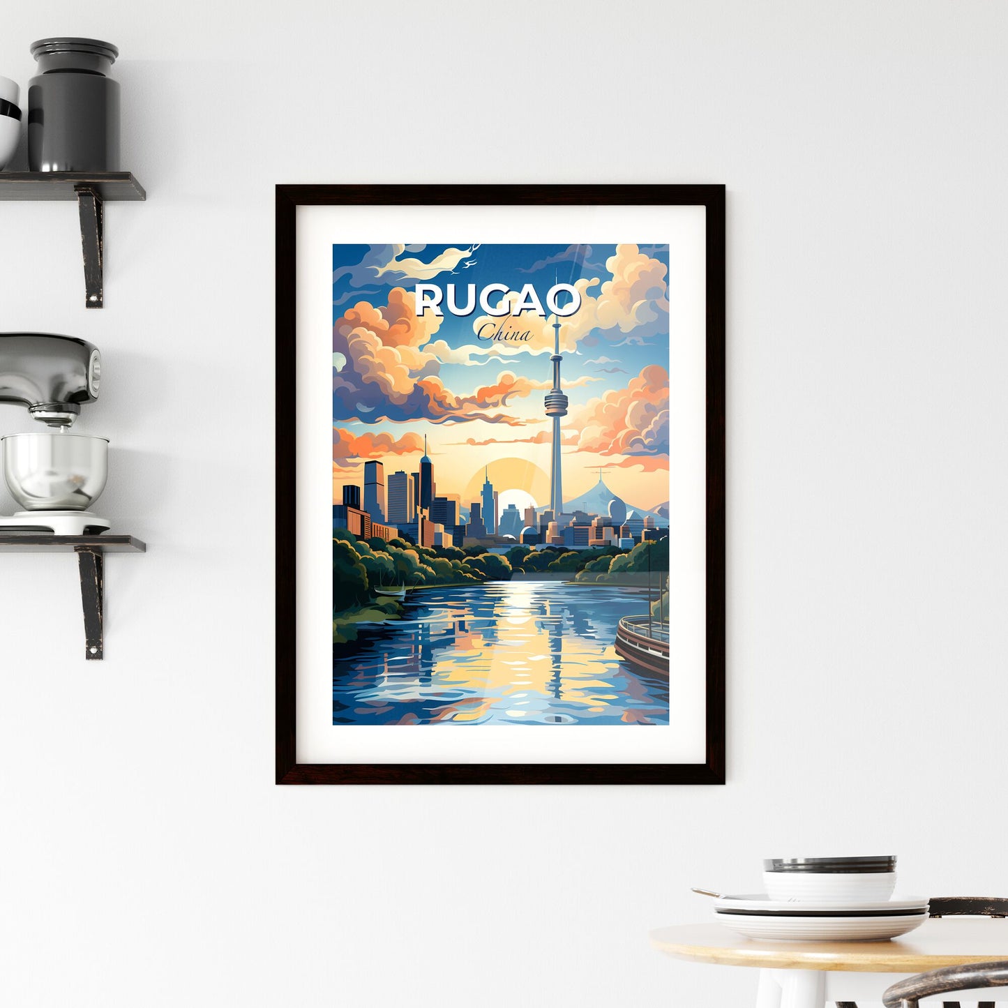 Vibrant City Skyline Painting of Rugao China With Water and Boat Default Title