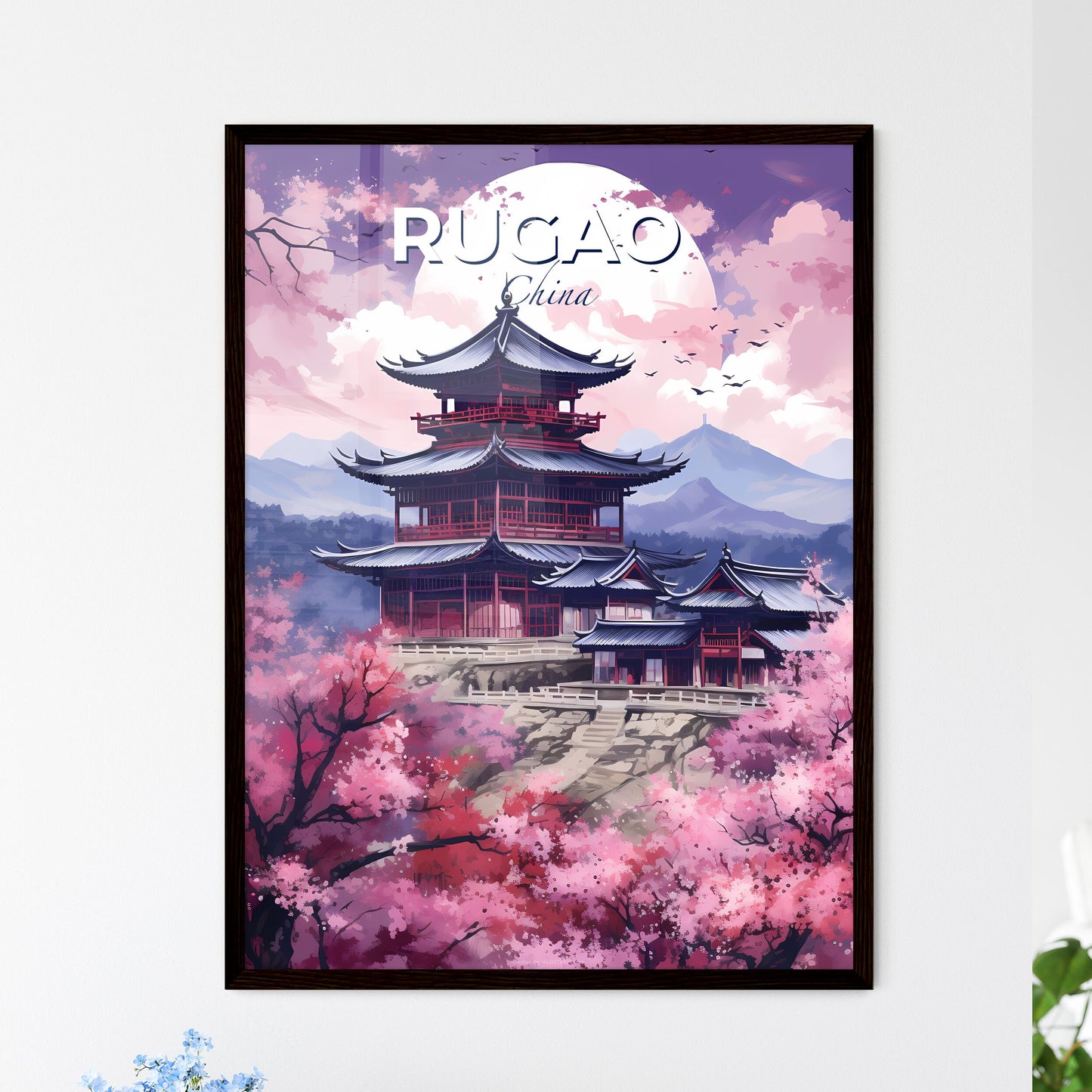 Colorful Impressionist Painting of Rugao China Skyline with Pagoda and Cherry Blossoms Default Title